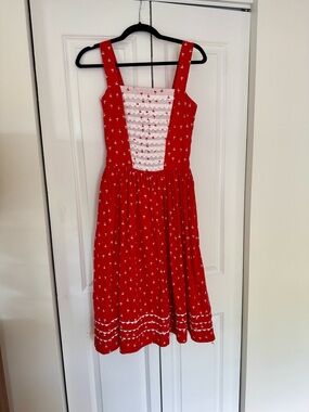 Vintage Red White Palm Tree Midi Dress with Grossgrain